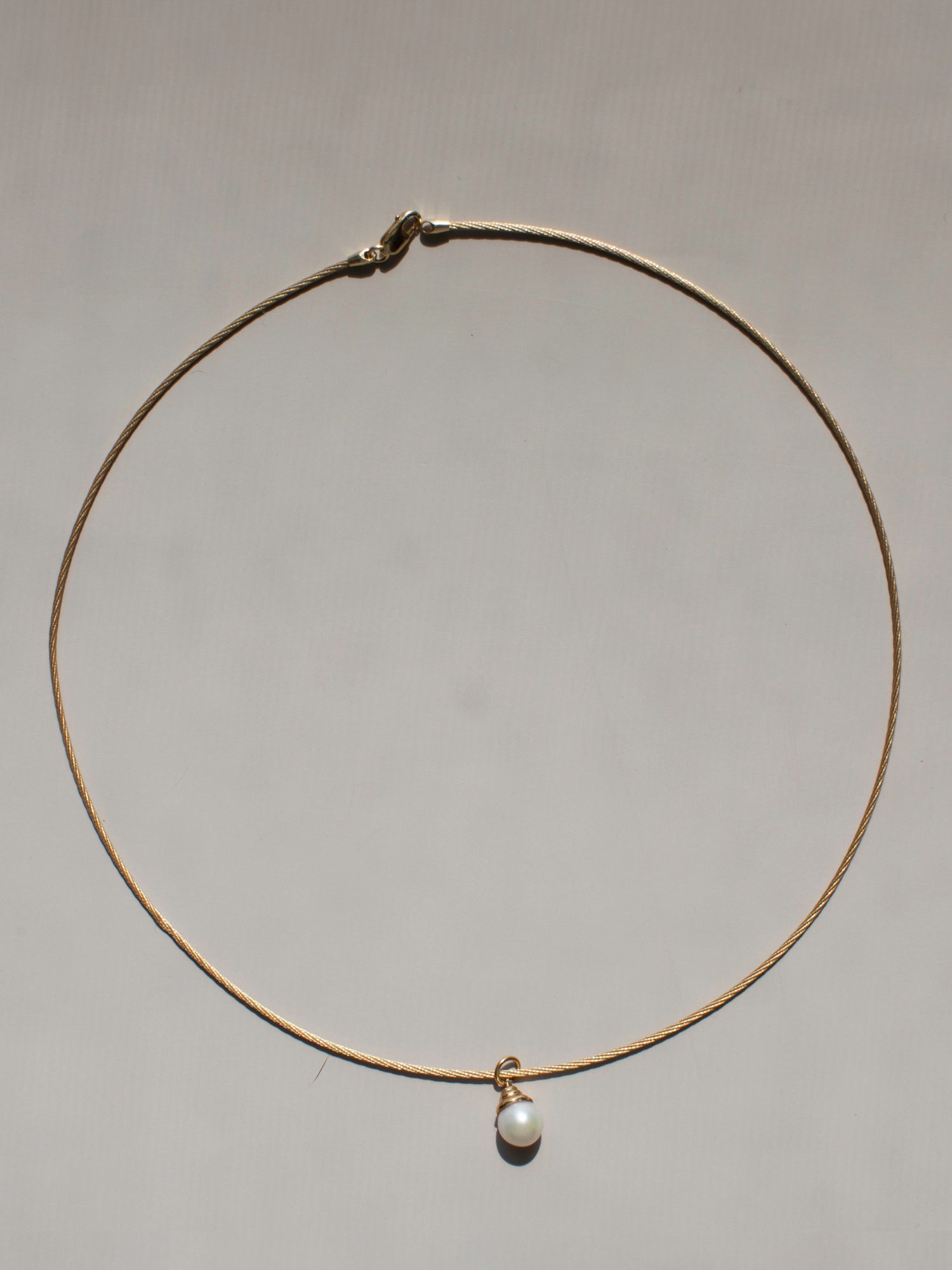 14k gold omega cable wire chain with pearl charm
