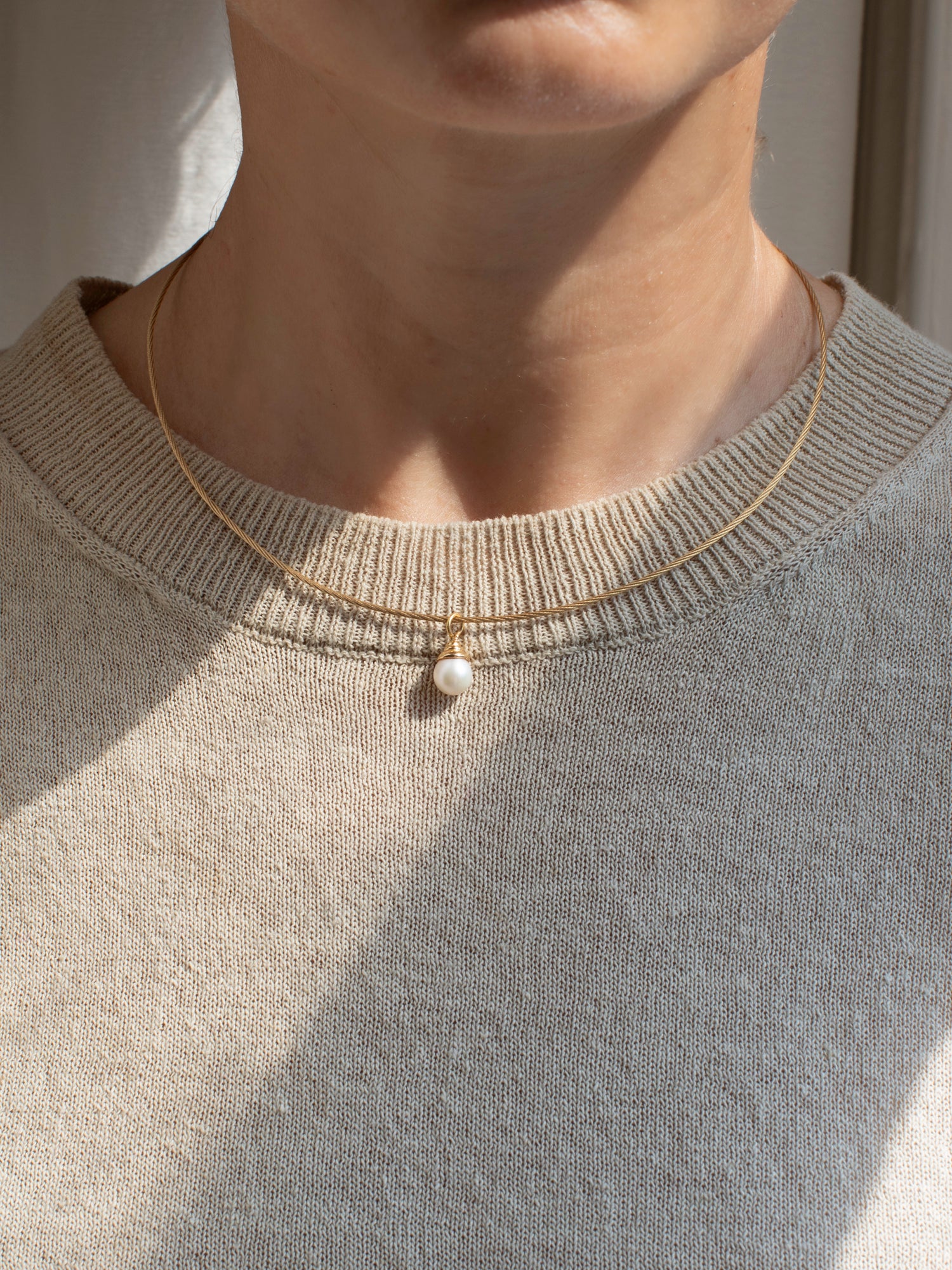 14k gold omega cable wire chain with pearl charm
